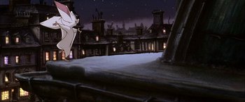 Movie still from “Anastasia” (1997), directed by Gary Goldman – An animated scene of a city at night with lights; Wide shot, Low angle