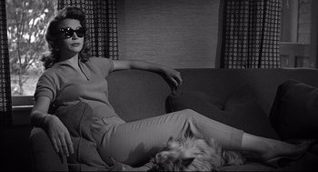 Movie still from “Anatomy of a Murder” (1959), directed by Otto Preminger – A black and white photo of a woman sitting on a couch with a dog; Medium shot, Low angle