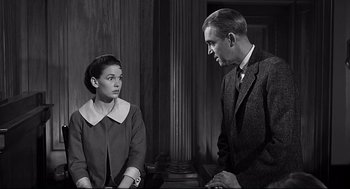 Movie still from “Anatomy of a Murder” (1959), directed by Otto Preminger – A man and a woman are talking to each other; Medium shot, Over the shoulder angle