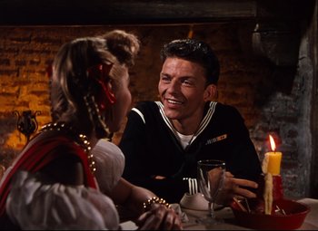 Movie still from “Anchors Aweigh” (1945), directed by Joseph Barbera – A man and a woman are sitting at a table; Medium shot, Over the shoulder angle
