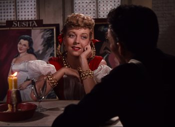 Movie still from “Anchors Aweigh” (1945), directed by Joseph Barbera – A woman sitting in front of a man at a table; Medium shot, Over the shoulder angle
