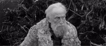 Movie still from “Andrei Rublev” (1966), directed by Andrei Tarkovsky – An old man with a long beard wearing a fur coat; Close Up shot, High angle