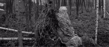 Movie still from “Andrei Rublev” (1966), directed by Andrei Tarkovsky – An old man with a beard sitting next to a tree; Medium shot, High angle