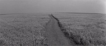 Movie still from “Andrei Rublev” (1966), directed by Andrei Tarkovsky – A dirt road going through the middle of an open field; Extreme Wide shot, High angle