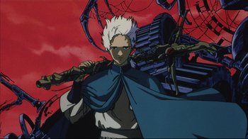 Movie still from “Angel's Egg” (1985), directed by Mamoru Oshii – An animated character is holding a sword in his hand; Medium shot, Low angle