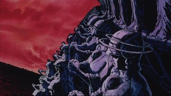 Movie still from “Angel's Egg” (1985), directed by Mamoru Oshii – View of a bunch of aliens; Extreme Wide shot, Low angle