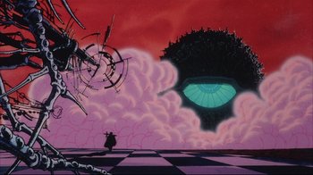Movie still from “Angel's Egg” (1985), directed by Mamoru Oshii – An animated scene of a man standing on a chess board looking at an eye in the sky; Extreme Wide shot, Low angle