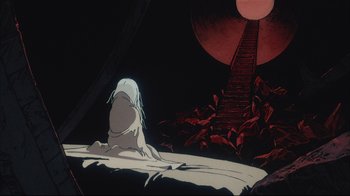 Movie still from “Angel's Egg” (1985), directed by Mamoru Oshii – An animated scene of a woman sitting on a bed; Wide shot, High angle