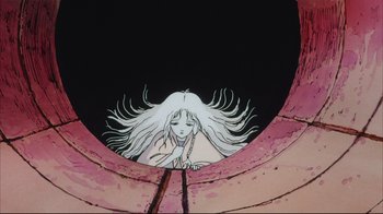 Movie still from “Angel's Egg” (1985), directed by Mamoru Oshii – A drawing of a woman with long white hair; Wide shot, Overhead angle