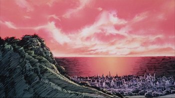 A painting of a large city on a hill by the ocean