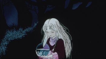 Movie still from “Angel's Egg” (1985), directed by Mamoru Oshii – An animated scene of a woman holding a child; Medium shot, Low angle