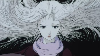 Movie still from “Angel's Egg” (1985), directed by Mamoru Oshii – A drawing of a woman with long white hair; Close Up shot, Low angle