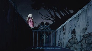 Movie still from “Angel's Egg” (1985), directed by Mamoru Oshii – An animated scene of a woman in a pink dress; Wide shot, Low angle