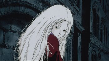 Movie still from “Angel's Egg” (1985), directed by Mamoru Oshii – A woman with long white hair standing in front of a building; Close Up shot, Low angle