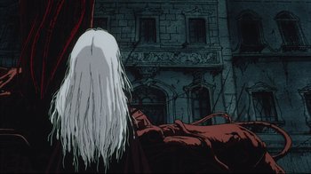 Movie still from “Angel's Egg” (1985), directed by Mamoru Oshii – An animated scene of a woman in a white wig; Wide shot, Low angle