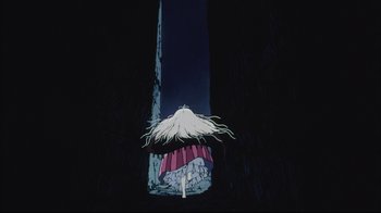 Movie still from “Angel's Egg” (1985), directed by Mamoru Oshii – An image of an animated scene of a girl with a white umbrella; Wide shot, Low angle
