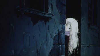 Movie still from “Angel's Egg” (1985), directed by Mamoru Oshii – A girl with long white hair looking out of a window; Medium shot, Low angle