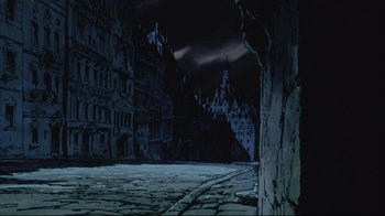 Movie still from “Angel's Egg” (1985), directed by Mamoru Oshii – An animated picture of an old town at night; Extreme Wide shot, High angle