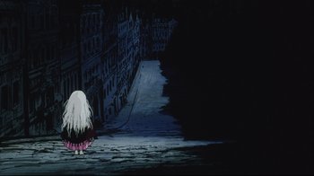 Movie still from “Angel's Egg” (1985), directed by Mamoru Oshii – A woman in a white dress standing in the dark; Wide shot, High angle