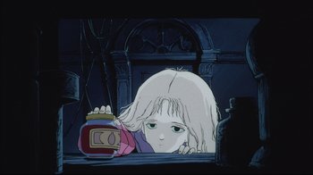 Movie still from “Angel's Egg” (1985), directed by Mamoru Oshii – A girl is looking at a jar in a dark room; Close Up shot, High angle