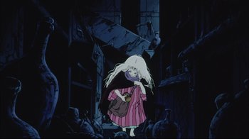 Movie still from “Angel's Egg” (1985), directed by Mamoru Oshii – A girl in a pink striped dress holding a bag; Wide shot, Low angle
