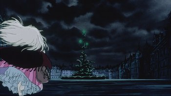 Movie still from “Angel's Egg” (1985), directed by Mamoru Oshii – A girl is looking at a tree in the dark; Wide shot, Low angle