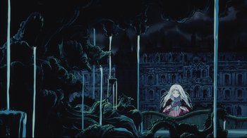 Movie still from “Angel's Egg” (1985), directed by Mamoru Oshii – A woman standing in front of a building at night; Wide shot, High angle