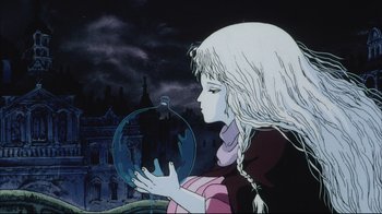 Movie still from “Angel's Egg” (1985), directed by Mamoru Oshii – An animated picture of a girl holding a ball; Close Up shot, Low angle