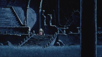 Movie still from “Angel's Egg” (1985), directed by Mamoru Oshii – An animated scene of a woman sitting on a set of stairs; Extreme Wide shot, High angle
