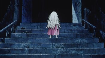 Movie still from “Angel's Egg” (1985), directed by Mamoru Oshii – A little girl standing on some steps looking at something; Wide shot, High angle