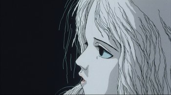 Movie still from “Angel's Egg” (1985), directed by Mamoru Oshii – A woman's face with long white hair; Extreme Close Up shot, Low angle