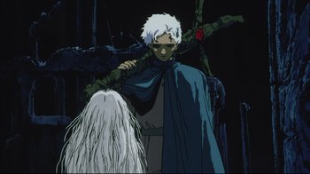 Movie still from “Angel's Egg” (1985), directed by Mamoru Oshii – An animated scene of a man with a white beard and white hair; Medium shot, Over the shoulder angle