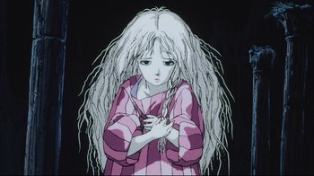 Movie still from “Angel's Egg” (1985), directed by Mamoru Oshii – An animated picture of a girl with long white hair; Close Up shot, High angle