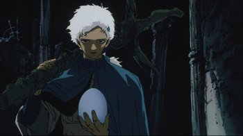 Movie still from “Angel's Egg” (1985), directed by Mamoru Oshii – An animated character holding an object in a dark room; Close Up shot, Low angle
