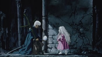 Movie still from “Angel's Egg” (1985), directed by Mamoru Oshii – An animated scene of a man and a little girl; Wide shot, Low angle
