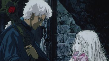 Movie still from “Angel's Egg” (1985), directed by Mamoru Oshii – An older man and a young girl are looking at each other; Close Up shot, Low angle
