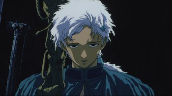 Movie still from “Angel's Egg” (1985), directed by Mamoru Oshii – A person wearing a white wig; Close Up shot, Low angle