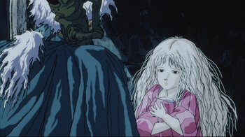 Movie still from “Angel's Egg” (1985), directed by Mamoru Oshii – An animated scene of a girl in a pink robe; Medium shot, High angle