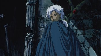Movie still from “Angel's Egg” (1985), directed by Mamoru Oshii – A man with white hair is standing in front of a stone wall; Close Up shot, Low angle