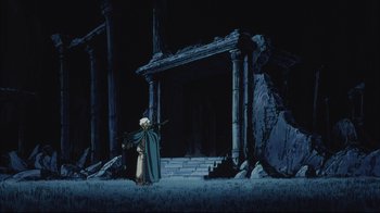 Movie still from “Angel's Egg” (1985), directed by Mamoru Oshii – An animated scene of a person in a cave; Wide shot, Low angle