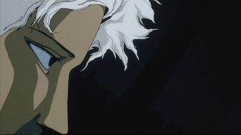 Movie still from “Angel's Egg” (1985), directed by Mamoru Oshii – An animated picture of a person with a white hair; Extreme Close Up shot, Low angle