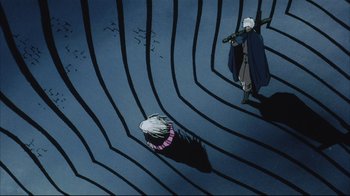 Movie still from “Angel's Egg” (1985), directed by Mamoru Oshii – An image of an animated scene with a man and a dog; Wide shot, Overhead angle