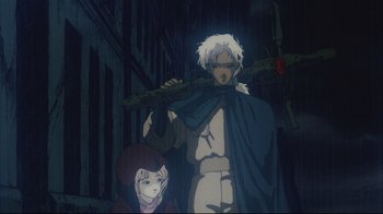 Movie still from “Angel's Egg” (1985), directed by Mamoru Oshii – Two people standing next to each other in the dark; Medium shot, Low angle