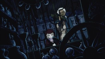 Movie still from “Angel's Egg” (1985), directed by Mamoru Oshii – A man and a woman are standing next to each other; Wide shot, High angle