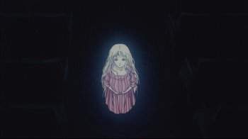 Movie still from “Angel's Egg” (1985), directed by Mamoru Oshii – A cartoon of a girl with long blonde hair; Wide shot, Overhead angle
