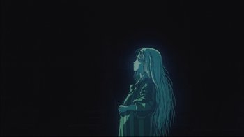 Movie still from “Angel's Egg” (1985), directed by Mamoru Oshii – A woman with long hair standing in the dark; Medium shot, Low angle