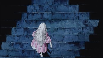 Movie still from “Angel's Egg” (1985), directed by Mamoru Oshii – A girl in a pink and white striped dress is walking up some stairs; Wide shot, High angle