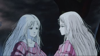Movie still from “Angel's Egg” (1985), directed by Mamoru Oshii – A woman with long white plaited hair looking at her reflection in a mirror; Close Up shot, Low angle