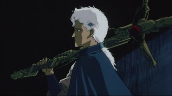 Movie still from “Angel's Egg” (1985), directed by Mamoru Oshii – An animated man with a white hair holding a sword in his hand; Close Up shot, Low angle