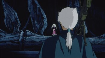 Movie still from “Angel's Egg” (1985), directed by Mamoru Oshii – An old man and a little girl sitting in front of a tree; Medium shot, Over the shoulder angle